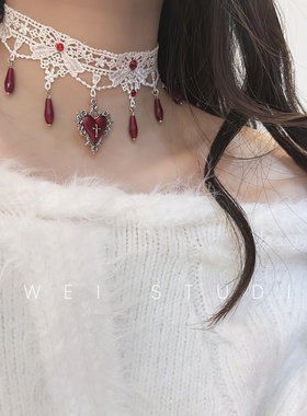 「哥特小恶魔」纯欲风辣妹Y2K小众蕾丝choker爱心重工流苏锁骨链