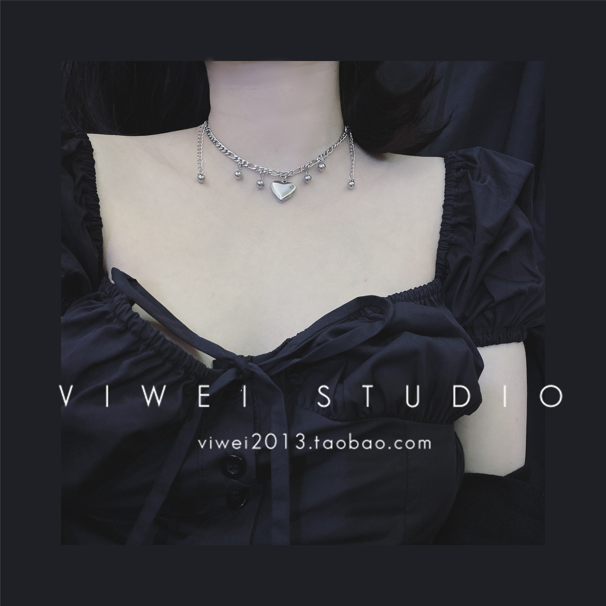 超甜美!不锈钢少女心爱心桃心珠子流苏锁骨链choker项圈项链女