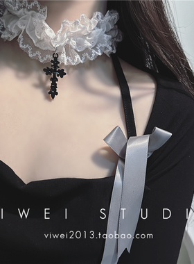 VIWEI双层蕾丝十字架锁骨链项链