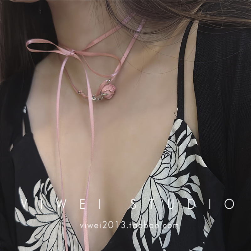 「甜桃粉」氛围拉满！粉色玫瑰花丝带项链森系高级感小众锁骨链女,饰品/流行首饰/时尚饰品新,项链,淘宝优惠券,粉丝福利购,淘宝优惠卷