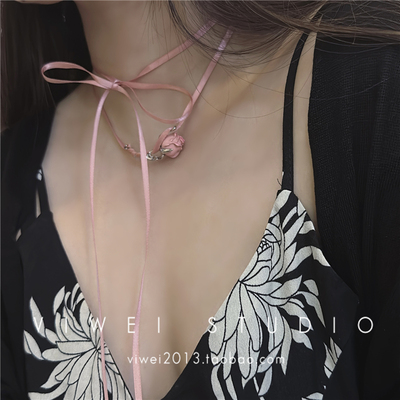 VIWEI粉色玫瑰花丝带项链
