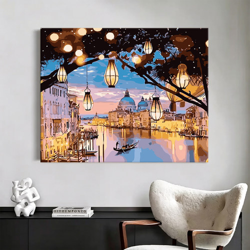 diy数字油画成人手绘风景手工填色油彩填色画客厅装饰画宫灯夜景