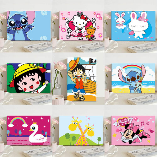数字油画小学生画画diy填色手工填充涂色画小尺寸颜料画手绘卡通