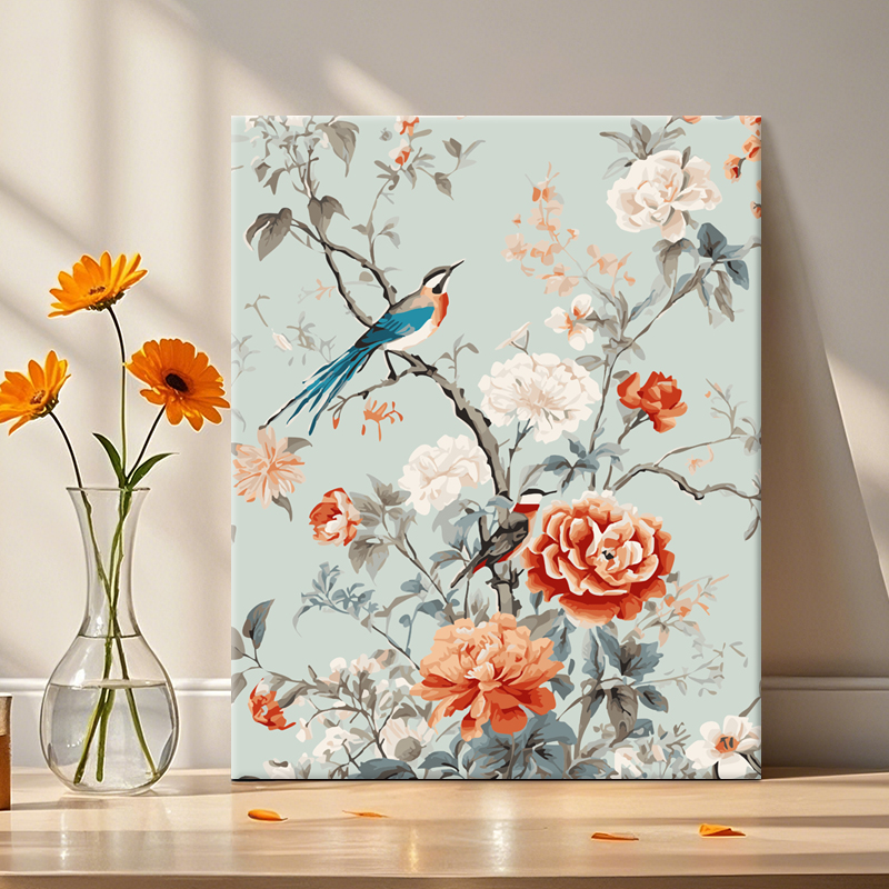 diy数字油画花卉喜鹊