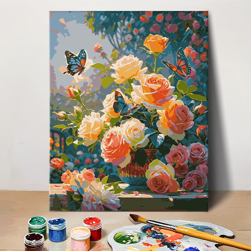 蝴蝶玫瑰 数字油画diy填充客厅卧室现代花卉装饰画绘画填色油彩画图片