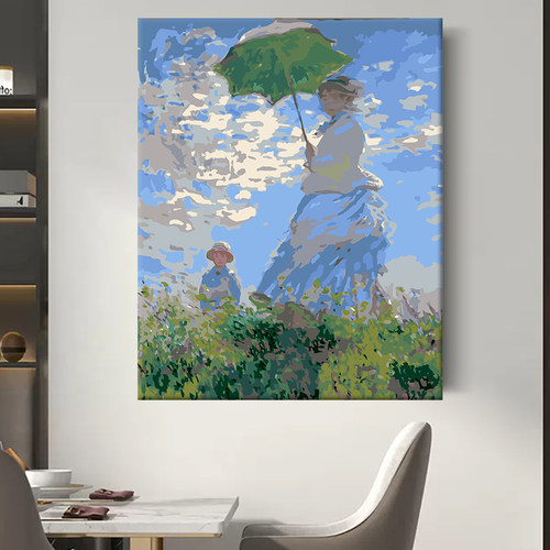 数字油画diy手工填色丙烯涂色油彩画肌理画减压画撑伞的女人莫奈