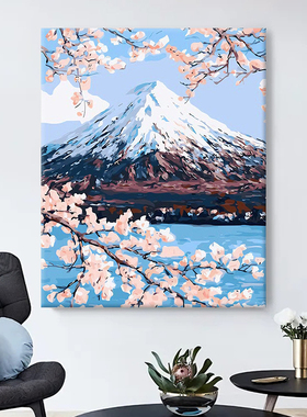 数字油画diy客厅手绘手工填充填色风景油彩画客厅装饰画 富士山下