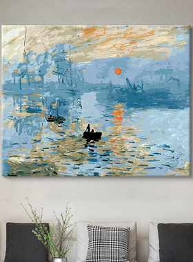 数字油画风景丙烯画diy手绘莫奈日出填色绘画油彩画手工画成人