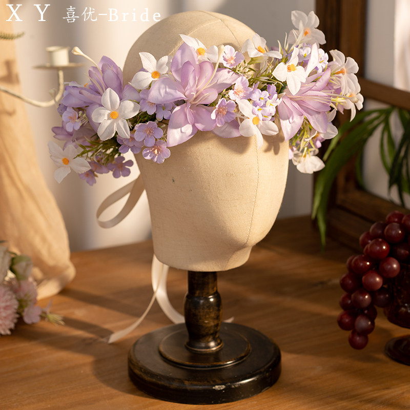 喜优新款森系超仙紫色花朵花环新娘头饰发饰婚纱跟妆晨袍旗袍配饰