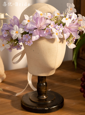 喜优新款森系超仙紫色花朵花环新娘头饰发饰婚纱跟妆晨袍旗袍配饰
