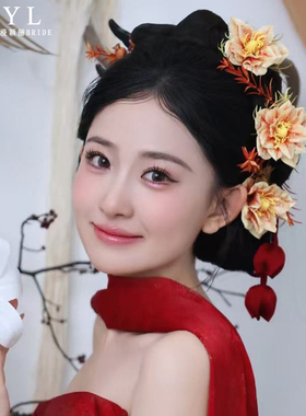 优颖原创新品创意中式晨袍头饰新娘出门纱外景森系头花法式仿真花