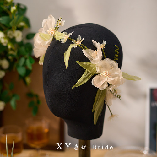 手工染色真丝花朵绿叶头饰花环