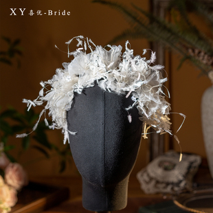 喜优新款重工羽毛绢纱花朵蕾丝发箍新娘婚纱头饰梦幻发箍造型发饰