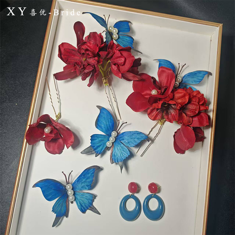 新款新中式新娘发饰酒红色花朵