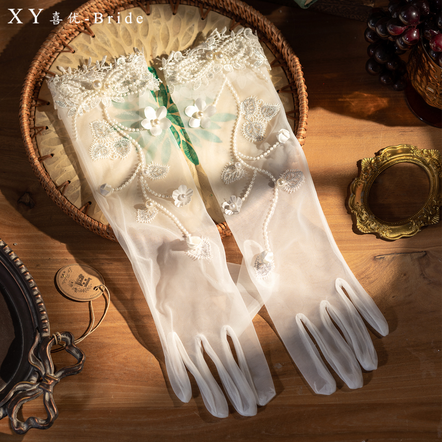 新款新娘婚纱礼服白色蕾丝花边花苞珍珠长款手套立体花婚纱手套
