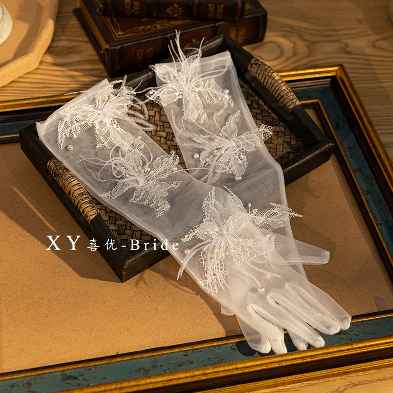 新款超仙蕾丝羽毛纱花新娘甜美梦幻手套婚纱结婚配饰影楼拍照样片