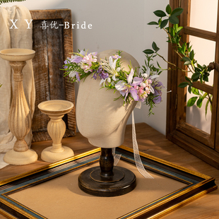 喜优新娘头饰森系韩式仙美花环2025新款婚纱头纱结婚发饰