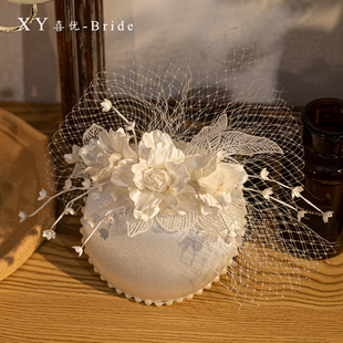 复古网纱小礼帽法式赫本风花朵头饰高级感新娘结婚发饰婚纱配饰品