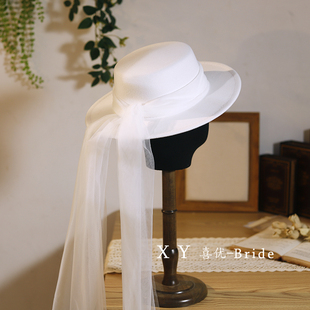 法式白色礼帽头纱 复古羊毛呢优雅白色平顶礼帽 旅拍轻婚纱配饰