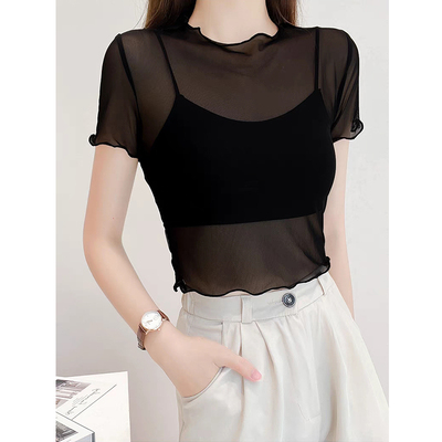 短袖性感修身薄款网纱上衣