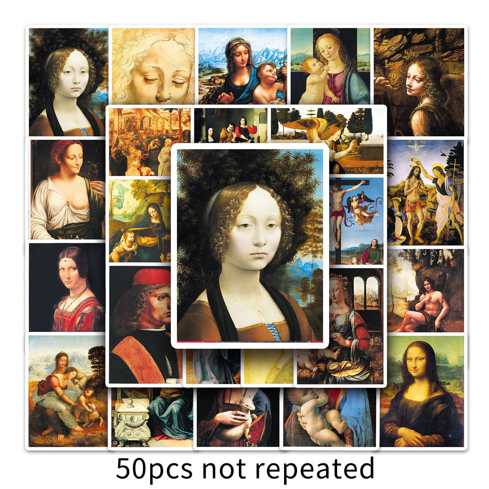 50张复古达芬奇油画卡通涂鸦贴画笔记本电动车摩托车头盔防水贴纸