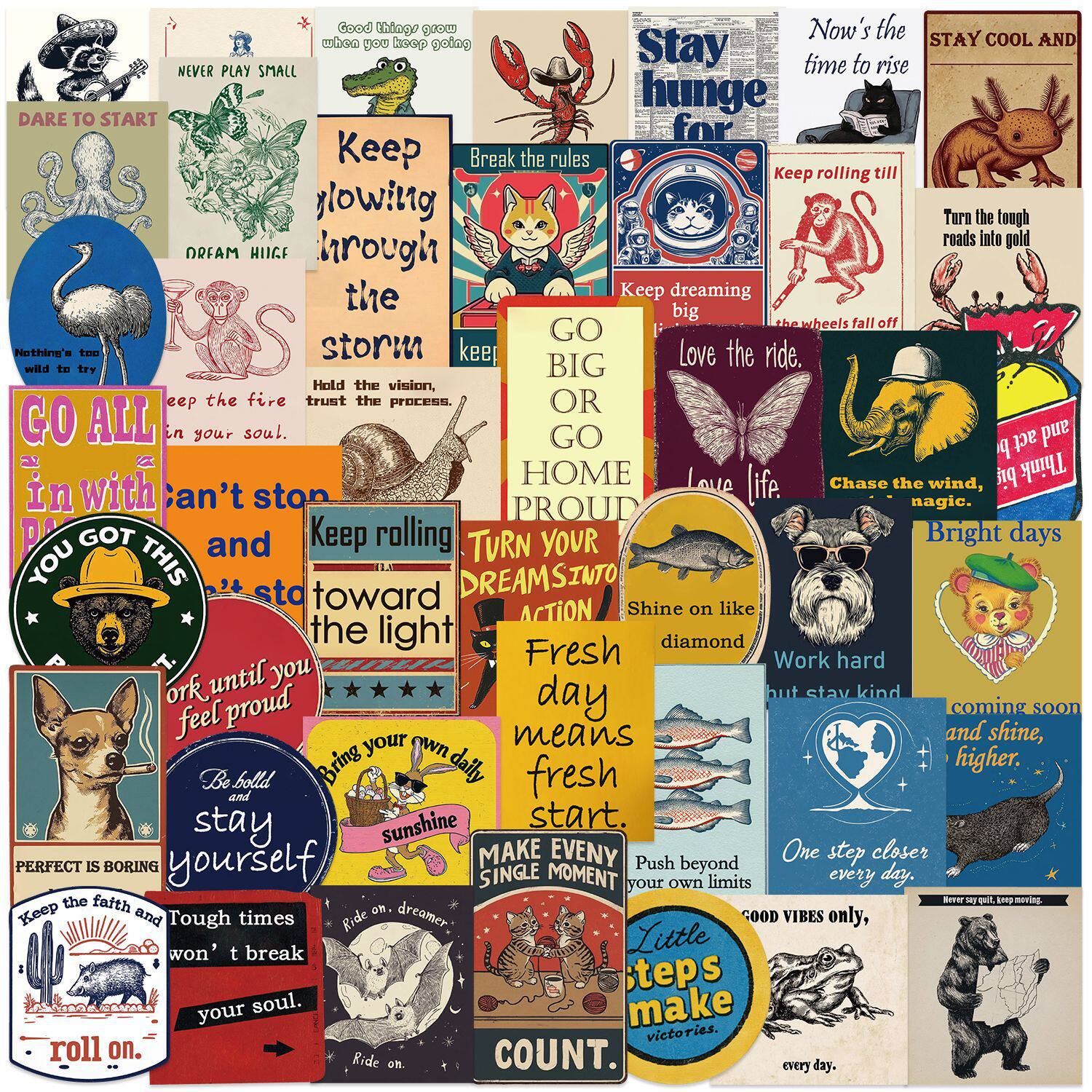 50张复古励志英文卡通创意贴画笔记本电脑手机旅行箱电瓶车身贴纸