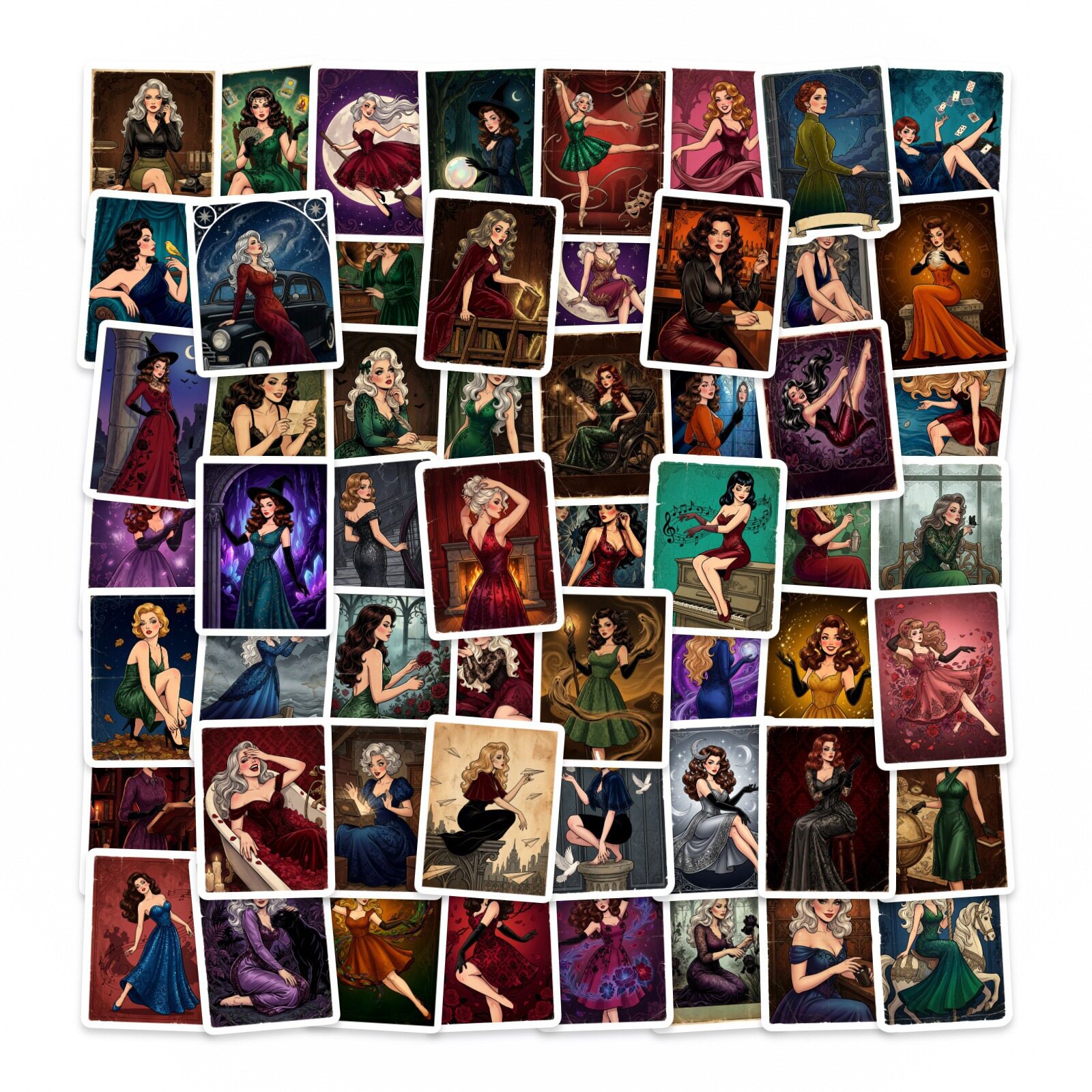 50张复古欧美女性卡通创意贴画笔记本旅行箱吉他平板电动车身贴纸