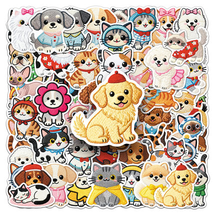 50张刺绣卡通猫狗萌宠可爱贴纸笔记本电脑手机旅行箱机车头盔贴画