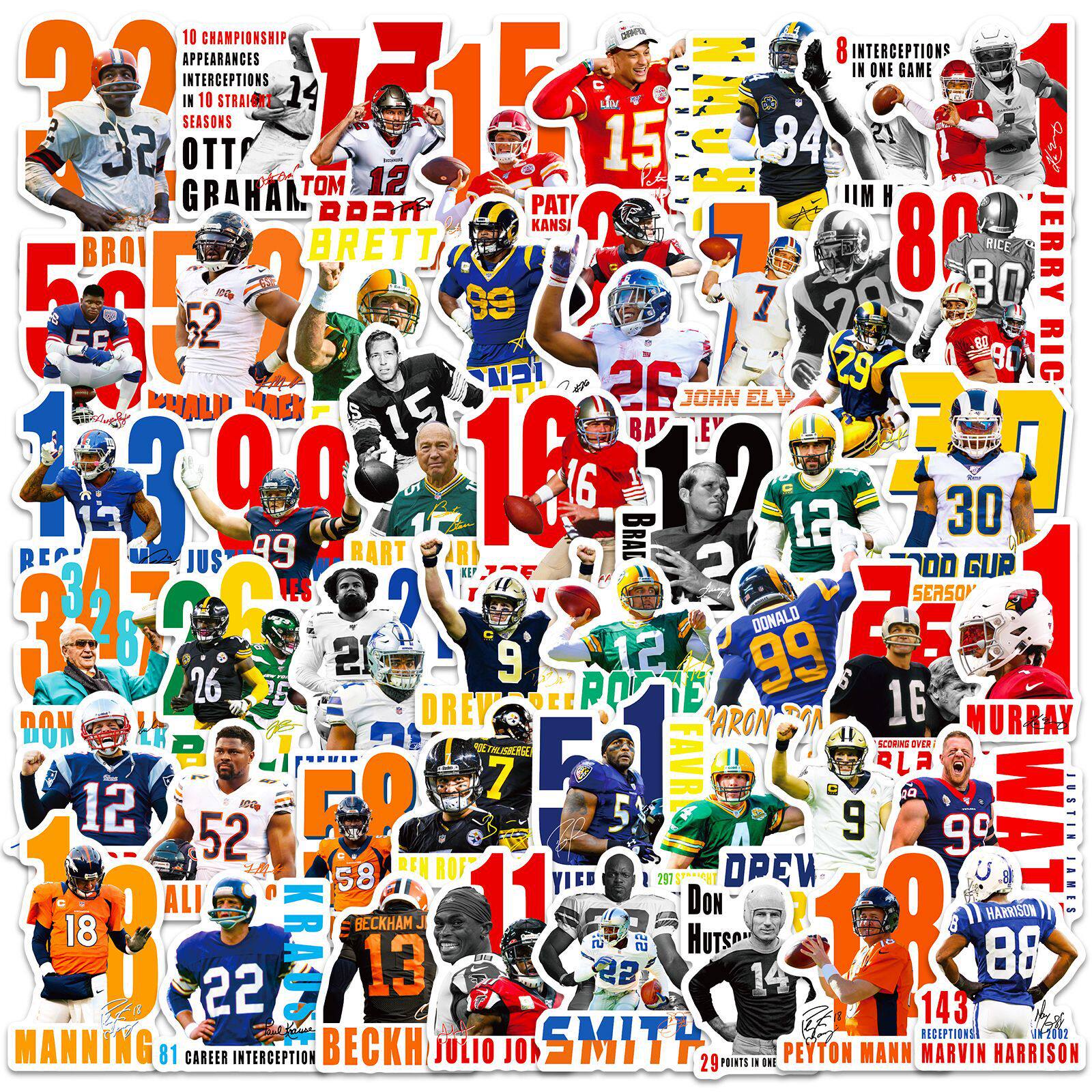 50张NFL橄榄球联盟比赛球星贴画笔记本电脑吉他滑板旅行箱PVC贴纸