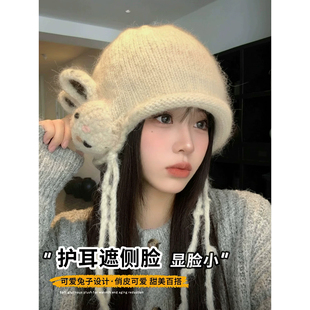 手工钩针兔子甜美可爱毛线帽女秋冬季保暖护耳流苏针织帽学生百搭