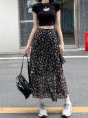 开叉遮胯中长裙高腰a字裙女装 不规则雪纺碎花裙子半身裙夏季 大码