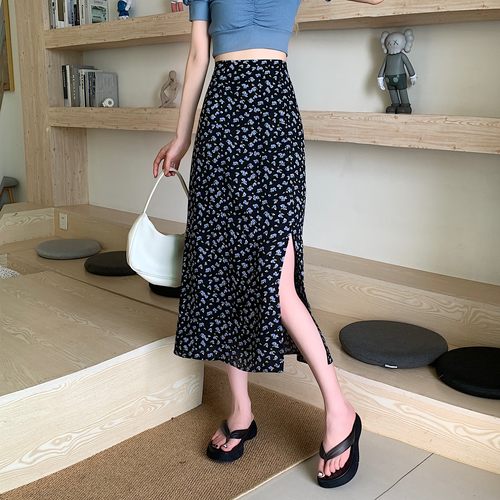大码新款碎花中长裙开叉半身裙