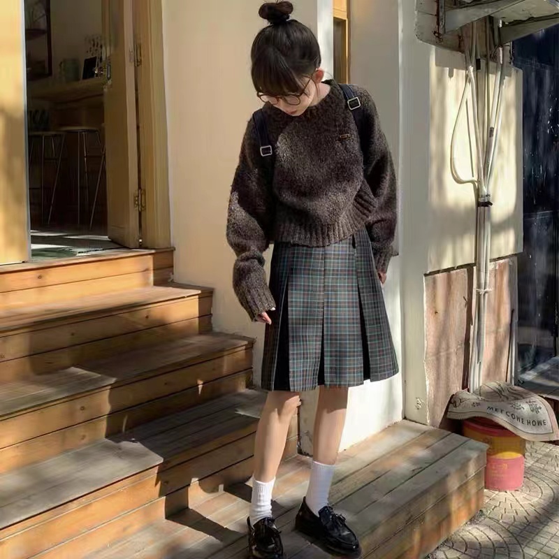 格纹大码百褶裙设计感高腰A字裙