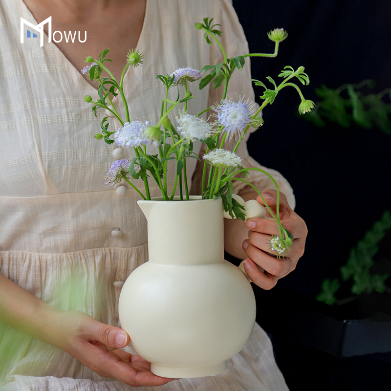 法式奶壶提手陶瓷花瓶摆件