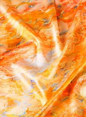 敦煌风印花弹力真丝缎桑蚕丝布料 桑蚕丝19姆透气蓝色橙色面料D