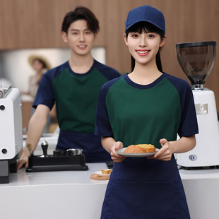 夏季纯棉餐饮工作服短袖T恤定制烧烤火锅奶茶店酒店员工装印logo