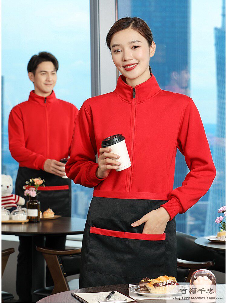 AUTUMN AND WINTER CATERING WAITER OVERALLS PLUS VELVET SWEATSHIRT MENS HOTEL HOT POT RESTAURANT RESTAURANT THICK COAT WOMENS OVERALLS PRINTING