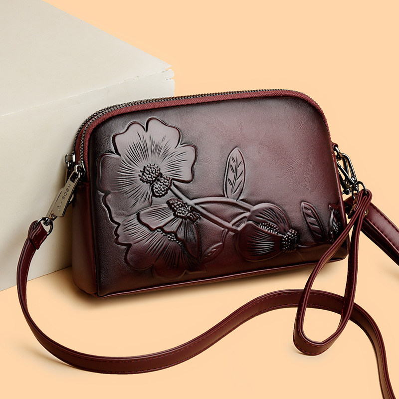 真皮民族风花朵单肩包2026新款牛皮手拿包复古妈妈包手机包零钱包