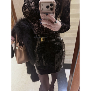 复古时尚 冷都女 皮裙带腰带高腰仿鳄鱼皮包臀裙 99jiu With