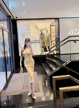 With 99jiu【素境度夏】气质斜肩飘带连衣裙温柔优雅包臀长裙