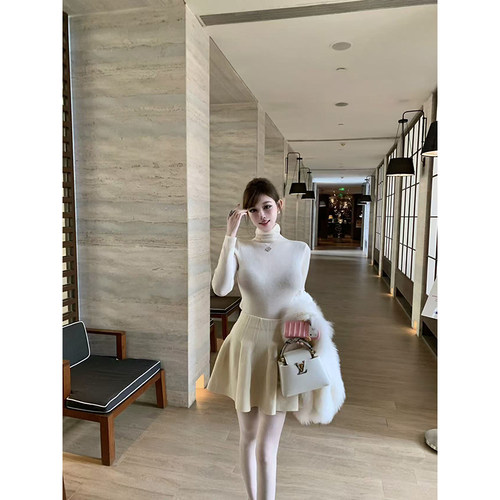 With 99jiu【尽显大长腿】气质高腰加厚针织A字伞裙百褶蓬蓬裙