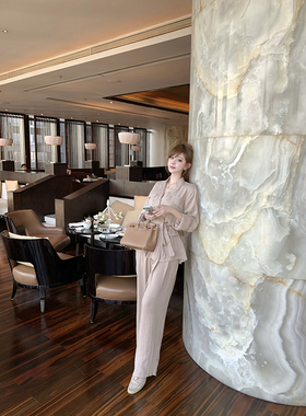 With 99jiu【南法假日】亚麻衬衫套装女长袖衬衣透气直筒裤两件套