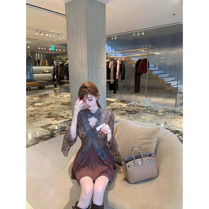 With 99jiu【江南美人】法式气质蕾丝拼接连衣裙女勾花镂空a字裙