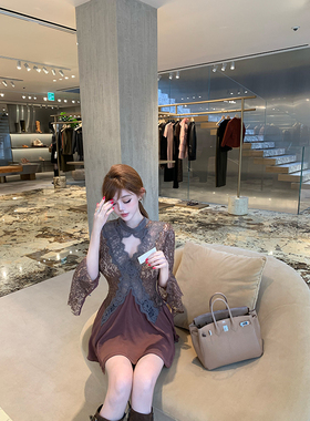 With 99jiu【江南美人】法式气质蕾丝拼接连衣裙女勾花镂空a字裙