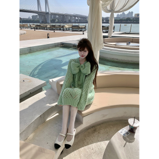 小香风绿色大蝴蝶结粗线毛衣裙宽松慵懒 乖乖千金 With 99jiu