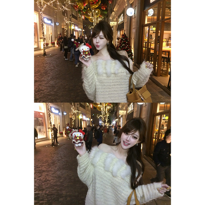 With 99jiu【圣诞lovely】一字肩毛毛拼接针织毛衣裙温柔氛围感