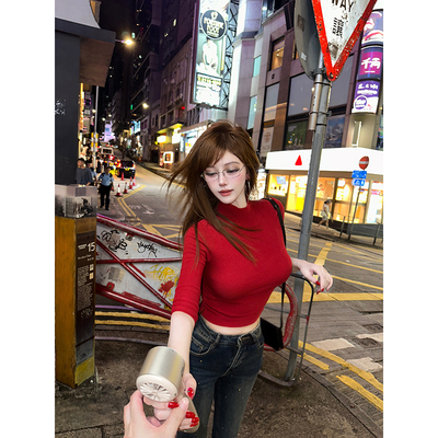 With99jiu【姐感天花板】辣妹长袖t恤女修身显瘦显胸正肩针织上衣