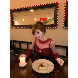 红色连衣裙女网纱拼接设计感长袖 丝绒颂歌 包臀裙 99jiu With