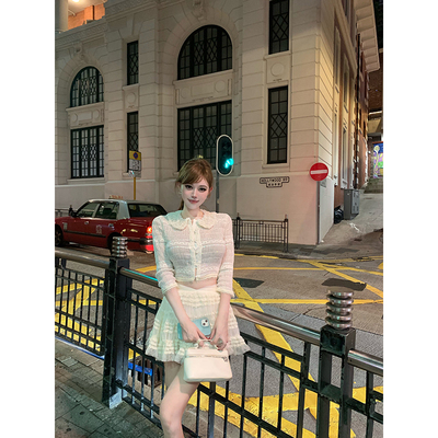 With 99jiu【霓虹甜心】独家原创 长袖雪纺衫女亮钻减龄网纱上衣