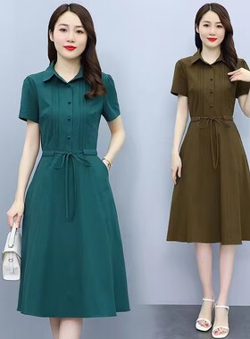 女士翻领中长款衬衫连衣裙2026夏款系带收腰休闲气质减龄A字裙子